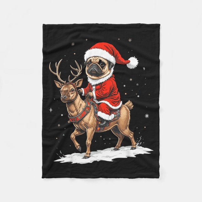 Pug Santa Riding Reindeer Christmas Holiday Puppy  Fleecefilt (Framsidan)