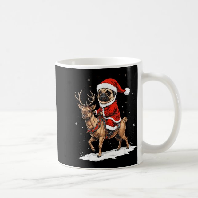 Pug Santa Riding Reindeer Christmas Holiday Puppy  Kaffemugg (Höger)