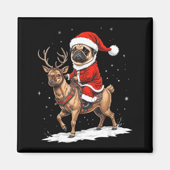 Pug Santa Riding Reindeer Christmas Holiday Puppy  Magnet (Framsidan)