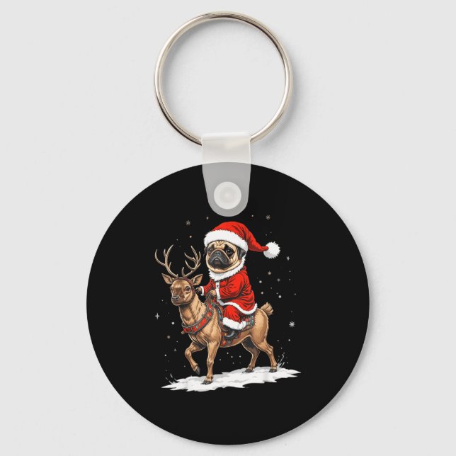 Pug Santa Riding Reindeer Christmas Holiday Puppy  Nyckelring (Framsida)