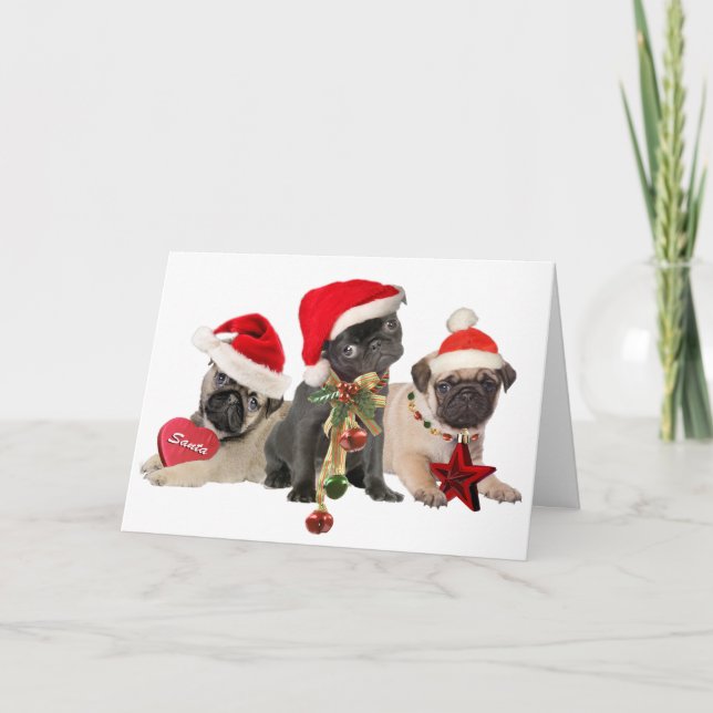 Pug Santa Tassar önskar dig God jul-kort Helgkort (Framsida)