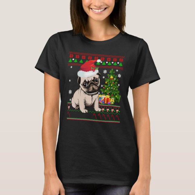 Pug Santa Ugly- God jul med gåvor Träd E T Shirt (Framsida)