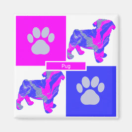 Pug Silhouette Hund & Tass Rosa och Blue Square Magnet