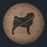 Pug Silhouette Rustic Stil Stor Klocka<br><div class="desc">Pug Älskare Wall Clock. Trämateriet är tryckt,  inte riktigt trä.</div>