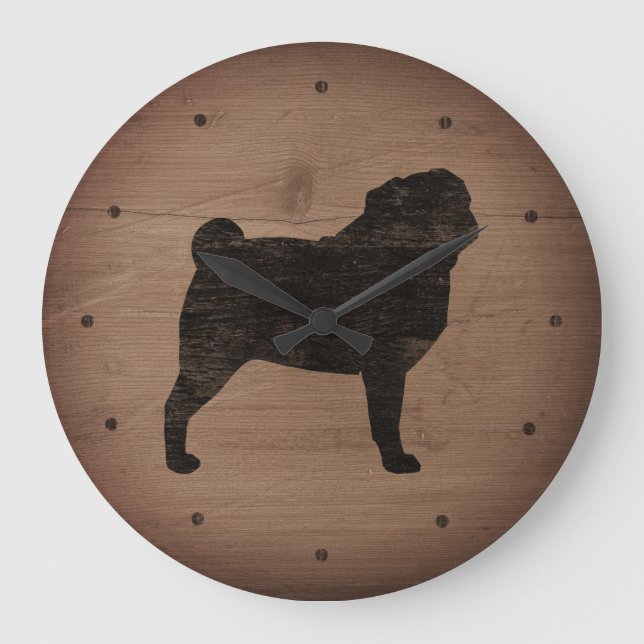 Pug Silhouette Rustic Stil Stor Klocka (Framsida)
