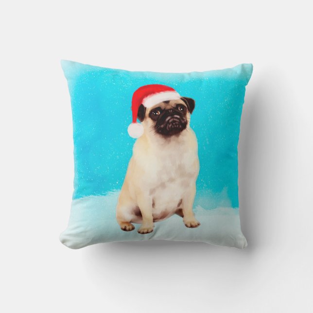 Pug Sitta i snö med jultomten Hat Kudde (Framsida)