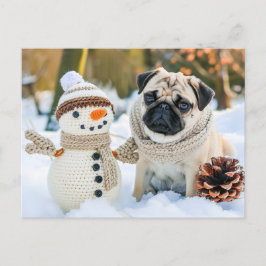 Pug Sitting Next to Snowman in Winter Vykort