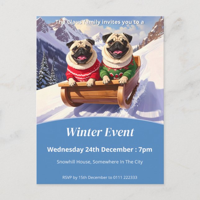 Pug Sled Ride jul Inbjudan Vykort (Framsida)