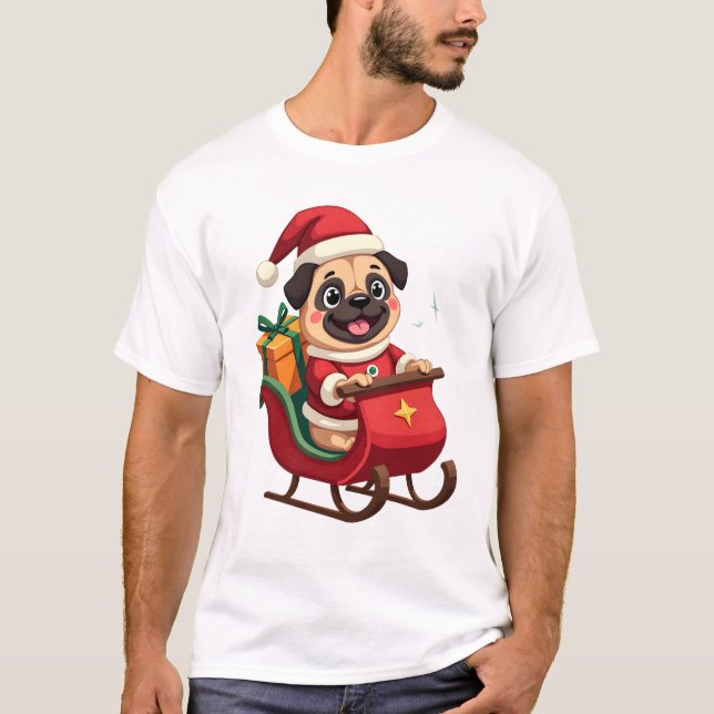 Pug Sleigh Ride T Shirt (Framsida)