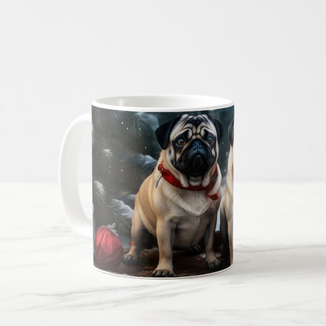 Pug Snöig släde juldekoration Kaffemugg (Framsida vänster)