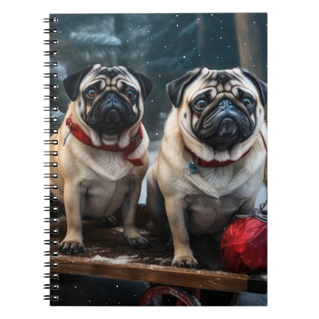 Pug Snowy Sleigh-juldekalor Anteckningsbok (Framsidan)