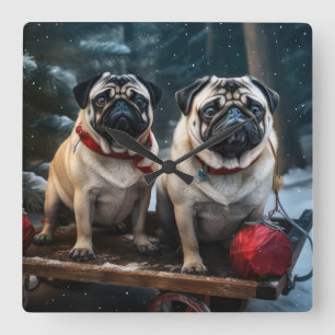 Pug Snowy Sleigh-juldekalor Fyrkantig Klocka