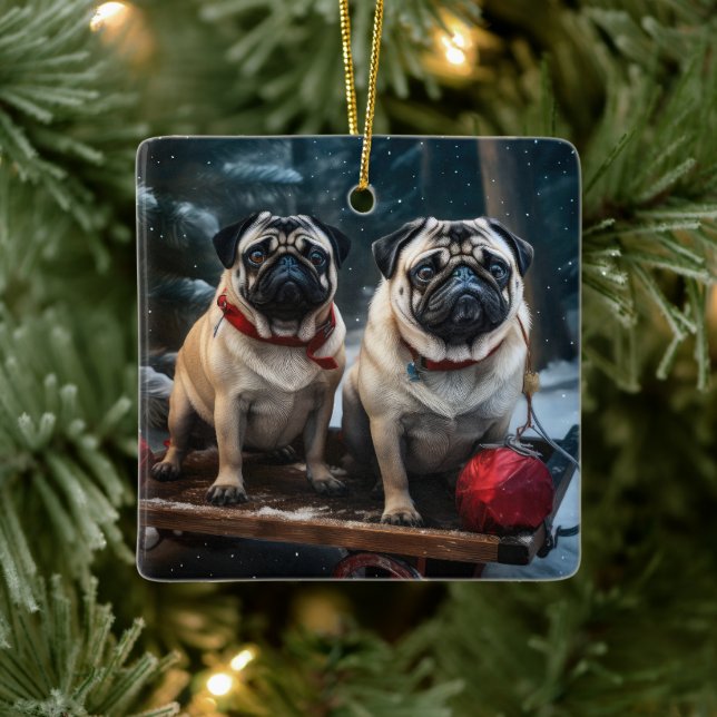 Pug Snowy Sleigh-juldekalor Julgransprydnad Keramik (Träd)