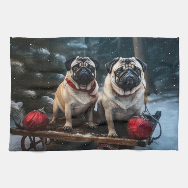 Pug Snowy Sleigh-juldekalor Kökshandduk (Horisontell)