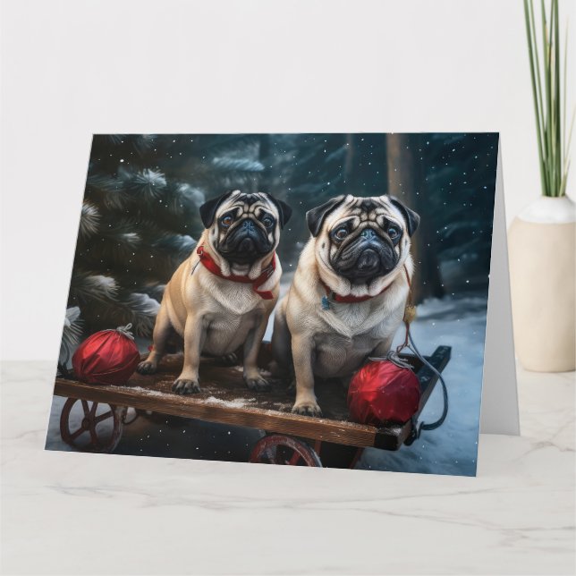Pug Snowy Sleigh-juldekalor Kort (Framsida)