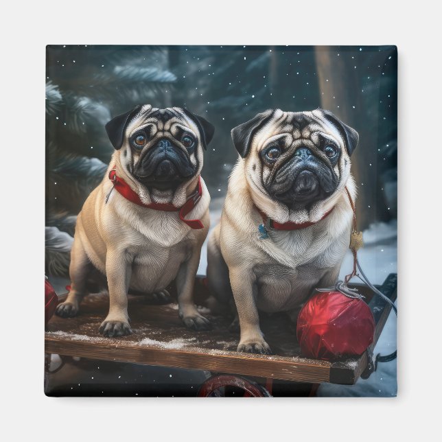 Pug Snowy Sleigh-juldekalor Magnet (Framsidan)