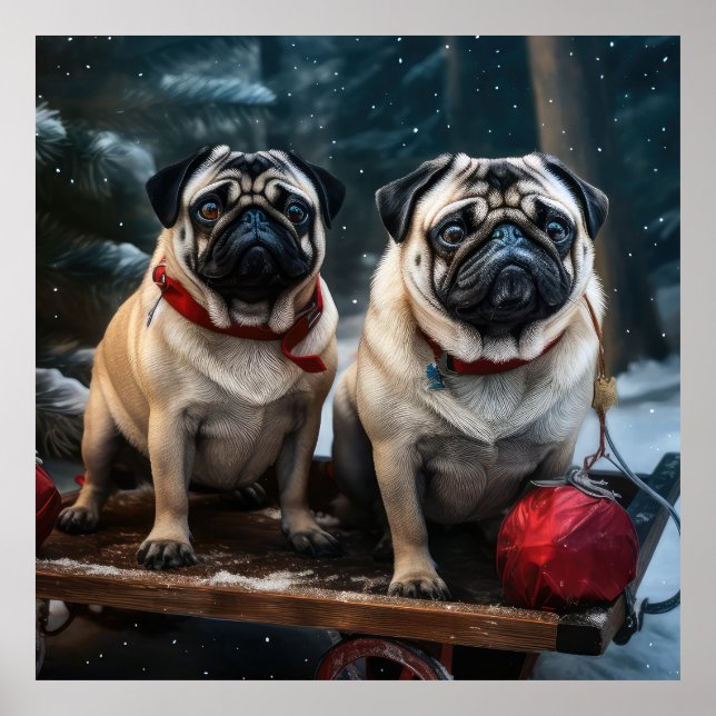 Pug Snowy Sleigh-juldekalor Poster (Framsidan)
