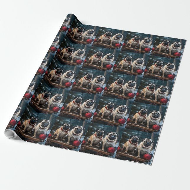 Pug Snowy Sleigh-juldekalor Presentpapper (Utrullad)
