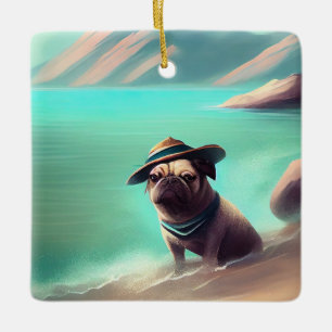 Pug som njuter av att måla på strand julgransprydnad keramik