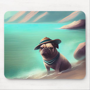 Pug som njuter av att måla på strand musmatta