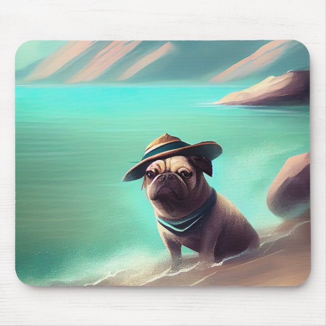 Pug som njuter av att måla på strand musmatta (Framsidan)
