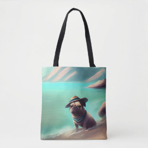 Pug som njuter av att måla på strand tygkasse