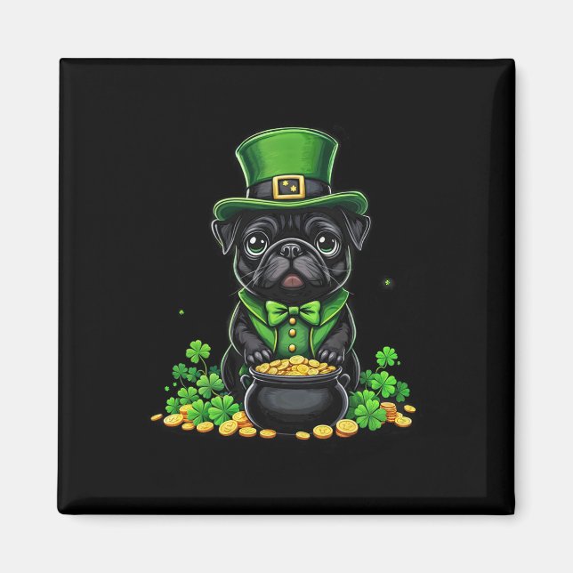 Pug St Patricks Day Söt Pug Leprechaun Shamrock I Magnet (Framsidan)