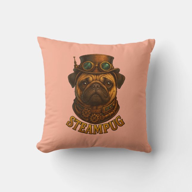 Pug Steampunk Cushion Vintage retro dog art  Kudde (Framsida)