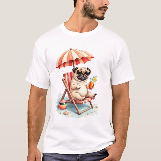Pug Strandläge Sommar Design T Shirt (Framsida)