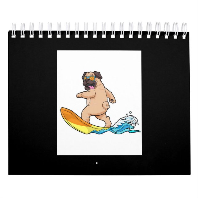 Pug Surfing Surfboard Pug Wearing Glasses Kalender (Omslag)