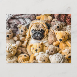 Pug Surrounded by Plush Teddy Bears Vykort