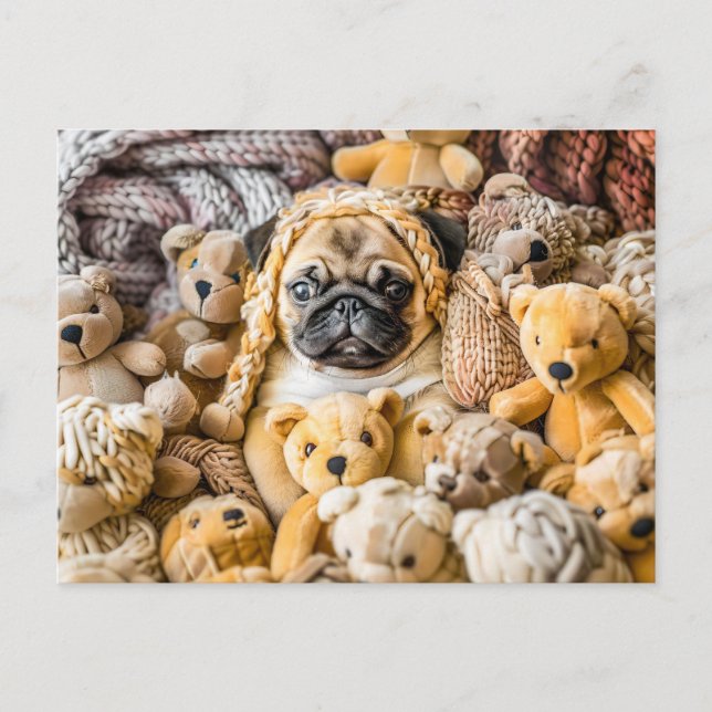 Pug Surrounded by Plush Teddy Bears Vykort (Framsida)