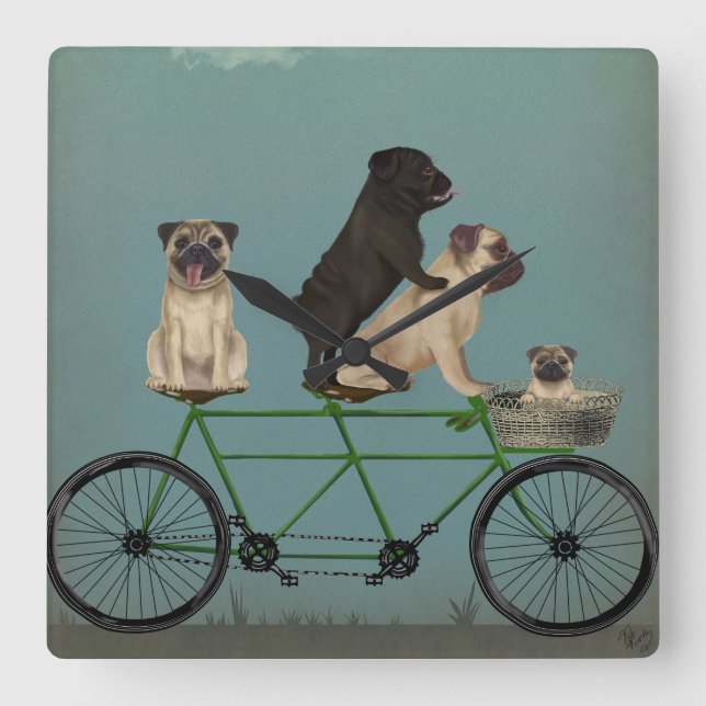 Pug Tandem Fyrkantig Klocka (Framsida)