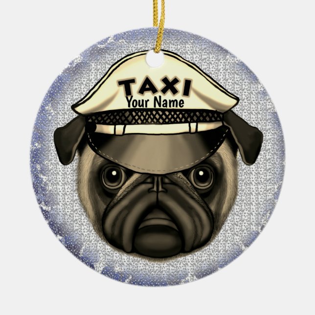 Pug Taxi Julgransprydnad Keramik (Framsidan)