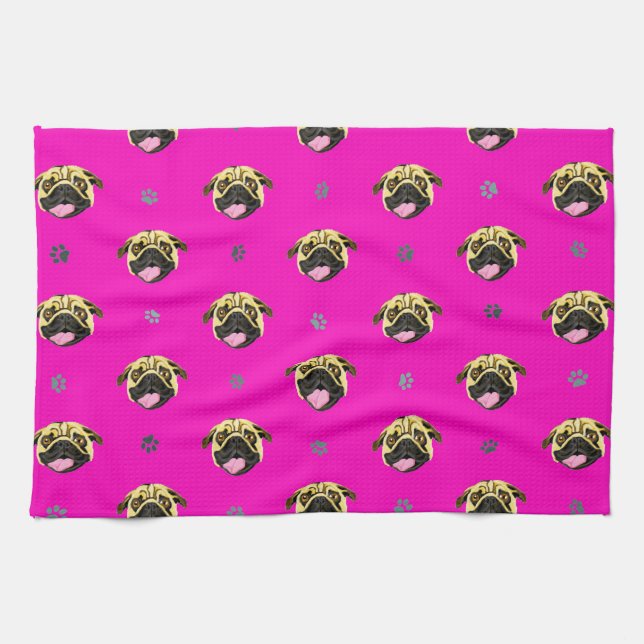 Pug Tea Towel Chockerande Rosa Kökshandduk (Horisontell)