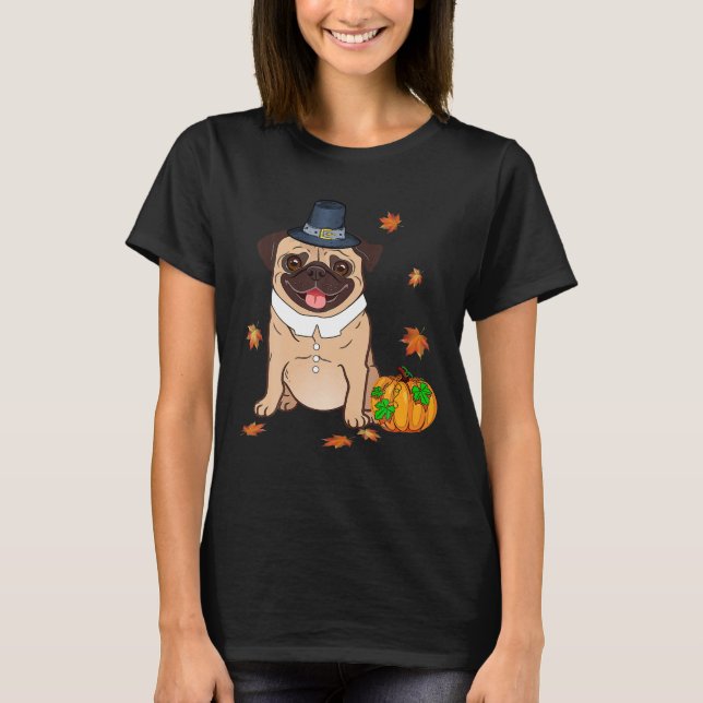 Pug Thanksgiving Costume Pilgrim Turkiet Manar Kvi T Shirt (Framsida)