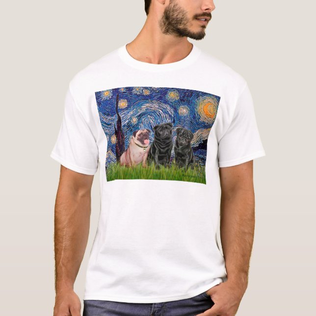 Pug Trio (1F,2B) - Stjärnkväll T-shirt (Framsida)