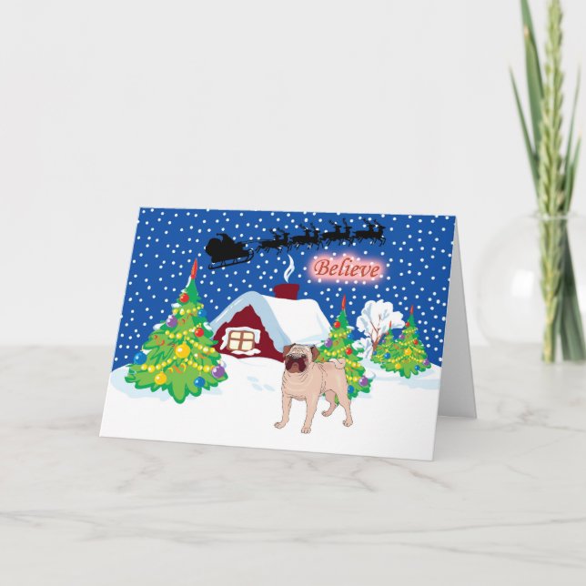 Pug tror på jultomten helgkort (Framsida)