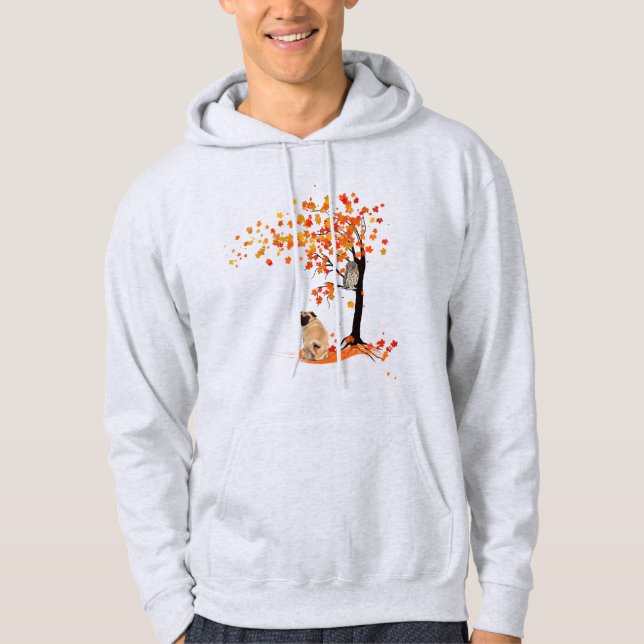 Pug Uggla och Fall Träd Pug Owner Funny Pug Autumn Hoodie (Framsida)