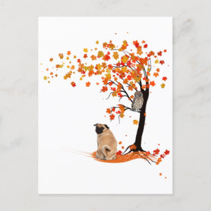 Pug Uggla och Fall Träd Pug Owner Funny Pug Autumn Vykort