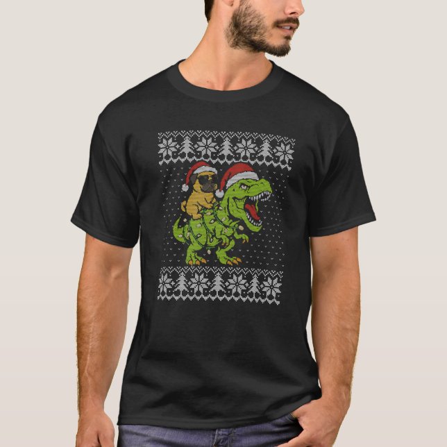 Pug Ugly Christmas Sweater Pug Riding Dinosaur Xma T Shirt (Framsida)