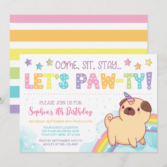 Pug Unicorn Birthday bjudande, Pug Birthday Inbjudningar (Fram/baksida)