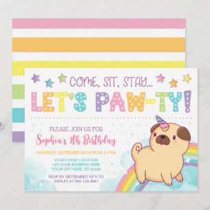 Pug Unicorn Birthday bjudande, Pug Birthday Inbjudningar
