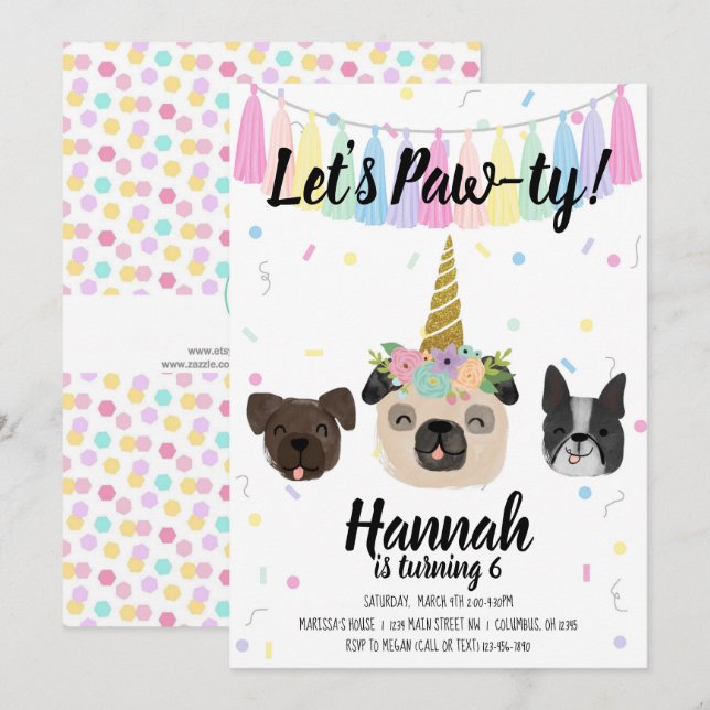 Pug Unicorn Puppy Hund Birthday Inbjudningar (Fram/baksida)