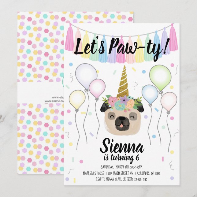 Pug Unicorn Puppy Hund Birthday Pawty Inbjudningar (Fram/baksida)