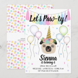 Pug Unicorn Puppy Hund Birthday Pawty Inbjudningar