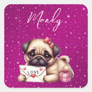 Pug Valentine Day Personlig Pug Puppy Kärlek Fyrkantigt Klistermärke