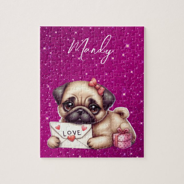 Pug Valentine Day Personlig Pug Puppy Kärlek Pussel (Vertikal)