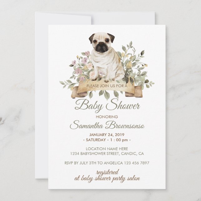 Pug Valp Baby Shower Inbjudningar (Framsida)