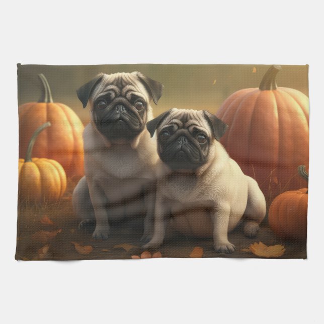 Pug Valp Höstglädje Pumpa Kökshandduk (Horisontell)